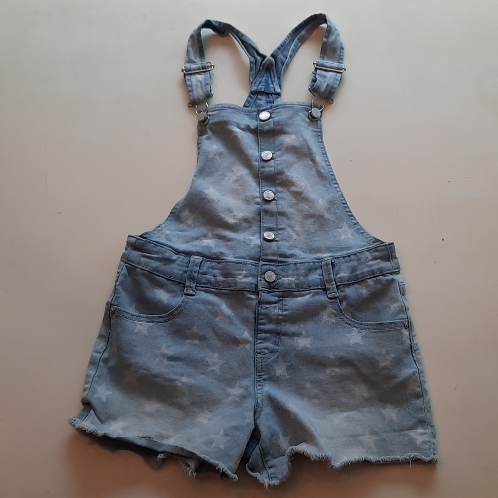 Jordache Star Print Light Wash Denim Short Overalls Romper Girls Large 10/12